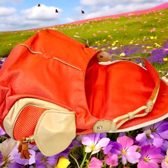 Cole Haan Shoulder Bag Hobo Flap Top Leather Trim orange nylon - Picture 8 of 14